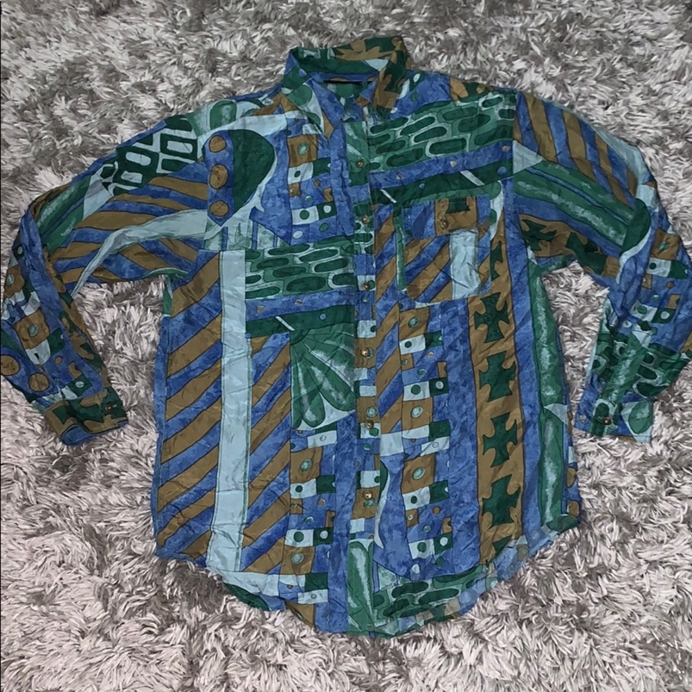 Vintage artsy 100% silk button down.